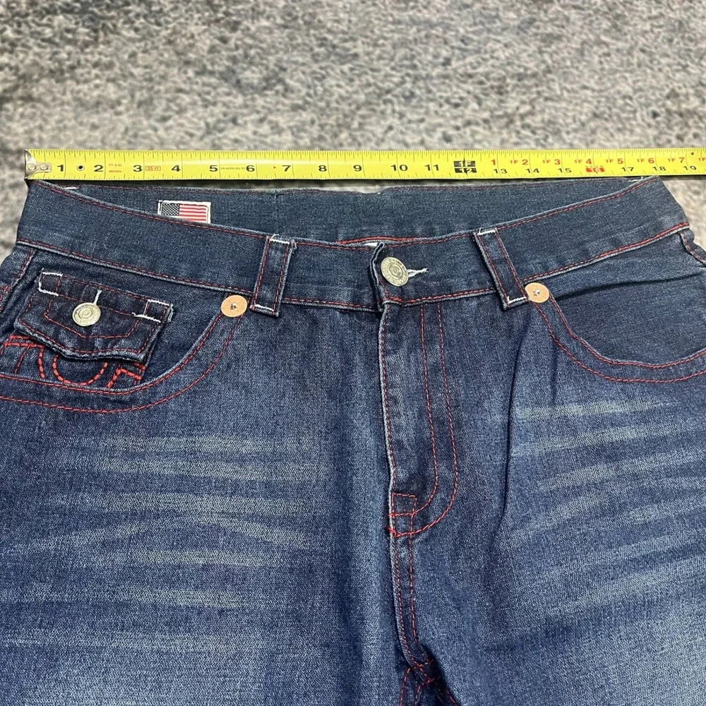 True Religion Straight Jeans Mens 38x34 Blue Red Stitched Logo‎ Flap Pockets Y2K